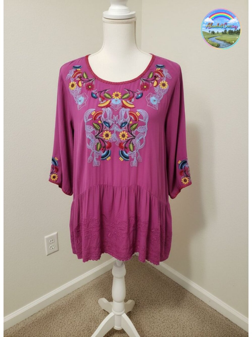 Womens Embroidered Peasant Top 3/4 Sleeve Cotton Floral Tunic Blouse